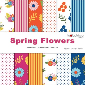Preview of Spring flowers digital papers. Spring colors wallpapers. Floral backgrounds.