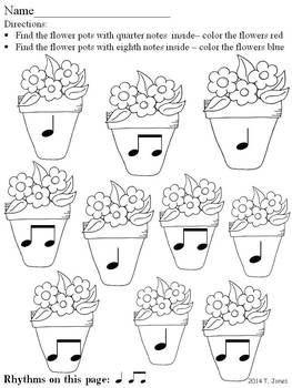 Music Worksheets: Music Math Spring into Rhythm 2 Flower Pots Edition