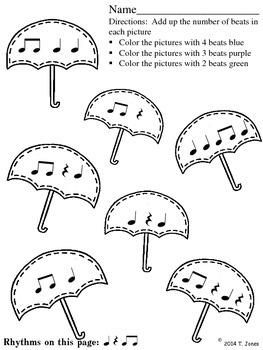 Music Worksheets: Music Math Spring into Rhythm 1 {Umbrella edition}