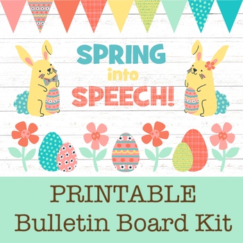 Preview of Spring into Speech Easter Bulletin Board/Door Decor Kit for Speech Therapy, SLPs