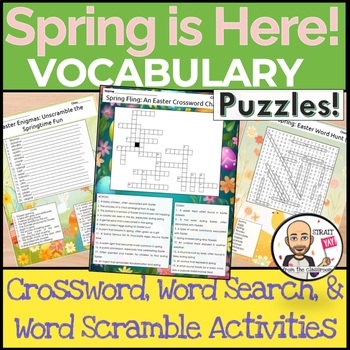 Preview of Spring is Here! Vocab Puzzles: Crossword, Word Search & Word Scramble Activities