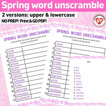 Preview of Spring themed word unscramble worksheets: OT upper & lowercase versions NO PREP