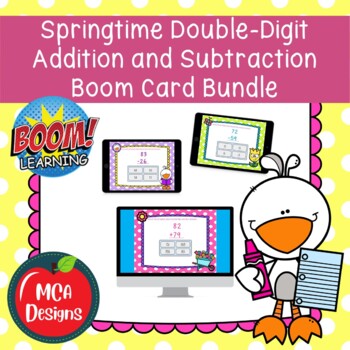 Preview of Springtime Double Digit Addition and Subtraction Boom Card Bundle