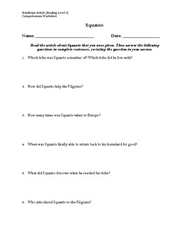 Preview of Squanto Article (Reading Level 2)  Comprehension Worksheet
