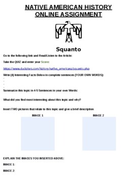 Preview of Squanto Online Assignment W/ Online Article (Word)