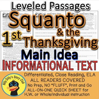 Preview of Squanto & the 1st Thanksgiving Nonfiction LEVELED PASSAGE Main Idea Fluency TDQs