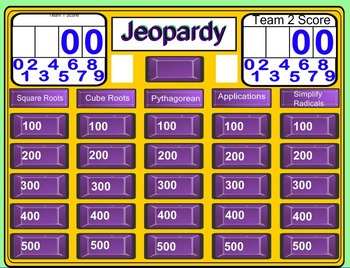 Preview of Square / Cube Roots and Pythagorean Theorem Jeopardy