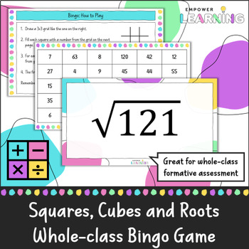 Preview of Square, Cubes and Roots/Radicals Bingo Bonanza, Math Games, Whole Class Activity