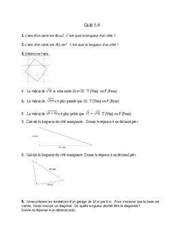 Square Root, Area, Pythagorean Theorem Quiz 1.4 by Dynamic Math Science