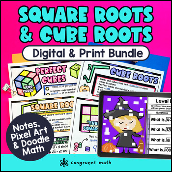 Preview of Square Roots & Cube Roots Digital & Print Bundle | Guided Notes Pixel Art
