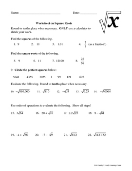 Preview of Square Roots Worksheet