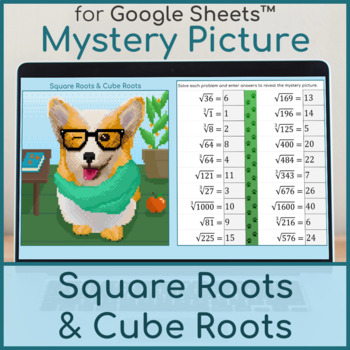 Preview of Square Roots and Cube Roots | Distance Learning | Mystery Picture | Corgi