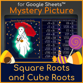 Preview of Square Roots and Cube Roots | Mystery Picture Halloween Ghost Pixel Art