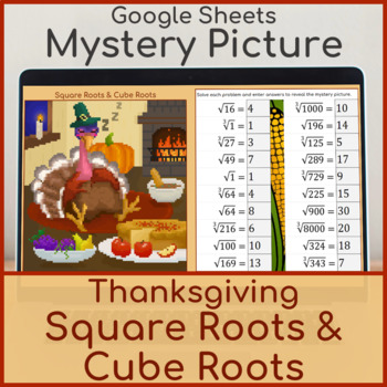 Preview of Square Roots and Cube Roots | Mystery Picture | Thanksgiving