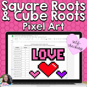 Preview of Square Roots and Cube Roots Valentine's Day Digital Pixel Art Self Checking