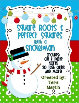 Preview of Square Roots and Perfect Squares with a Snowman Task Cards & Sorts
