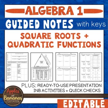 Preview of Square Roots and Quadratic Functions - Guided Notes, Presentation and INB
