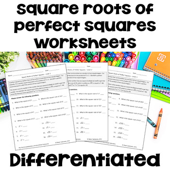 Preview of Square Roots of Perfect Squares Worksheets - Differentiated