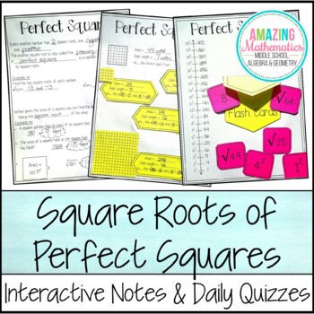 Preview of Square Roots of Perfect Squares ~ Interactive Notes & Daily Quizzes