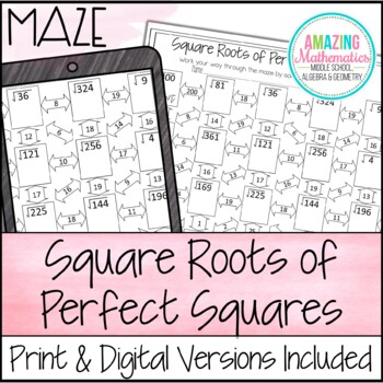 Preview of Square Roots of Perfect Squares Maze Worksheet Activity - PDF & Digital