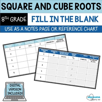 Preview of Square and Cube Root Fill in the Blank Chart - Digital Included!