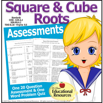 Preview of Square and Cube Roots - 2 Assessments, Quizzes, Test - One with Word Problems