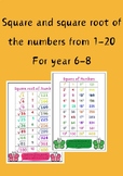 Square and square root of number 1-20 for year 6-8 anchor 