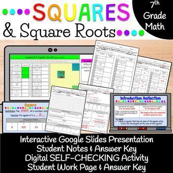 Preview of Squares & Square Roots: Presentation, Notes, Self-Checking Activity