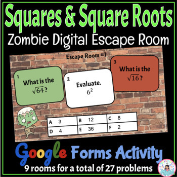 Preview of Squares & Square Roots Zombie Digital Math Escape Room - Google