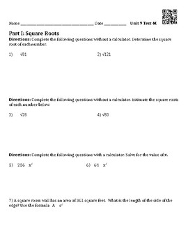 Preview of Squares, roots, & Pythagorean Theorem Modified Unit Test