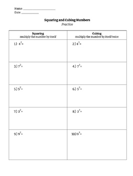 Squaring and Cubing Numbers Worksheet by Preppy Miss Preston TPT