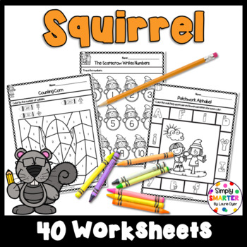 Preview of Squirrel Themed Kindergarten Math and Literacy Worksheets and Activities