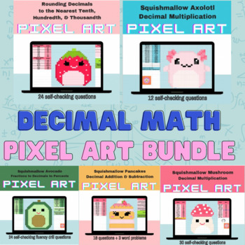 Preview of Squishmallow Decimal Math Pixel Art Bundle