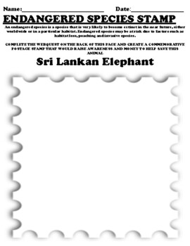 Sri Lankan Elephant "Endangered Species Conservation Stamp" & Webquest