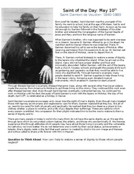 Preview of St. Damien of Molokai Saint of the Day Worksheet