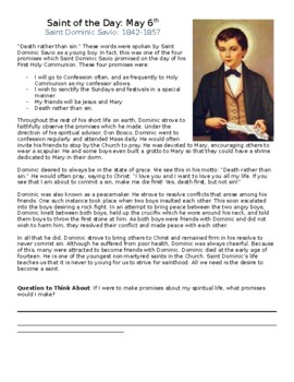 Preview of St. Dominic Savio Saint of the Day Worksheet