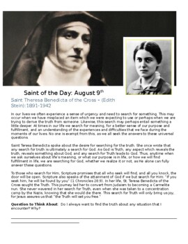 Preview of St. Edith Stein Saint of the Day Worksheet