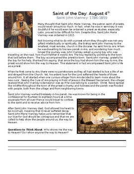 Preview of St. John Vianney Saint of the Day Worksheet