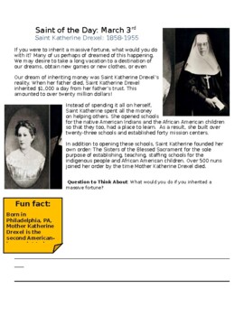 Preview of St. Katherine Drexel Saint of the Day Worksheet