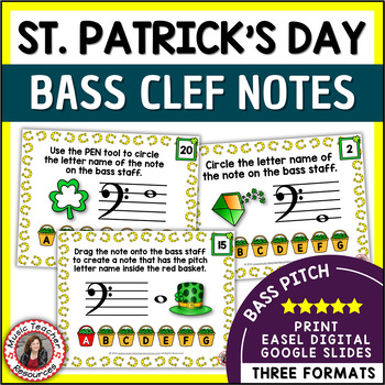Preview of St. PATRICK'S DAY Music Activities - Bass Clef Notes Worksheets and Task Cards