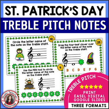 Preview of St. PATRICK'S DAY Music Activities - Treble Clef Notes Worksheets and Task Cards