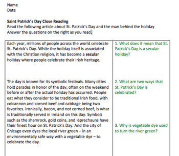 Preview of St. Patrick Close Reading