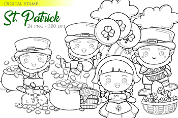 Preview of St Patrick Day Holiday Celebrate Party Event - Black White Outline-Digital Stamp