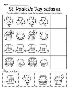 St. Patrick Day Patterns Preschool Math Printables Worksheets Cut & Paste