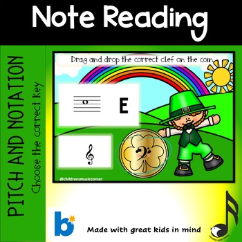 Preview of St Patrick Note Reading Treble & Bass clef Digital Task Cards on Boom Cards™