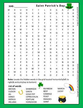 St Patrick day Word Search puzzle by Creative learning for Curious minds