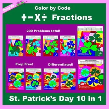 Preview of St. Patrick's Color by Code Fractions: Add, Subtract, Multiply, Divide 10 in 1