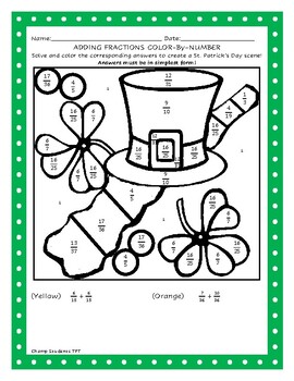 Preview of St. Patrick's Color by Number - Adding Fractions with Same Denominators