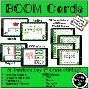 Preview of St. Patrick's Day 1st Grade Boom Cards Bundle {Distance Learning}