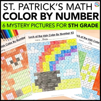 Preview of St Patricks Day Math Color by Number Worksheets Coloring Pages St Pattys Fun 5th